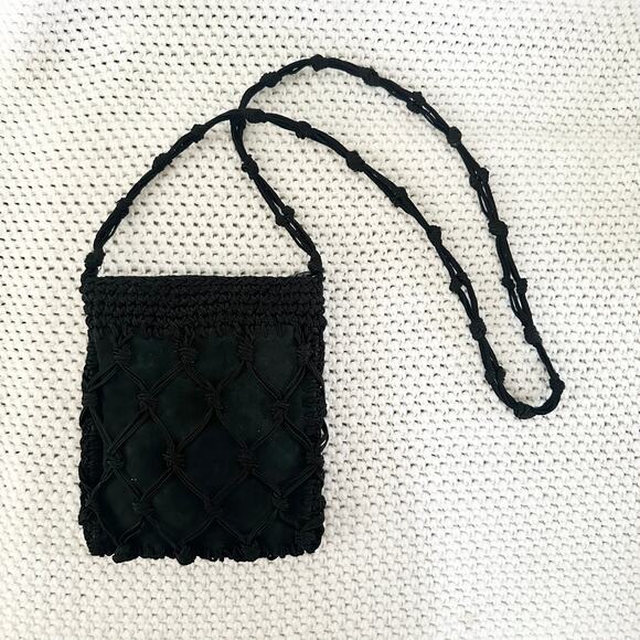 R&G Design Y2K Vintage Black Woven Suede Upper Slim Pouch Top Zip Boho Crossbody - Picture 1 of 6